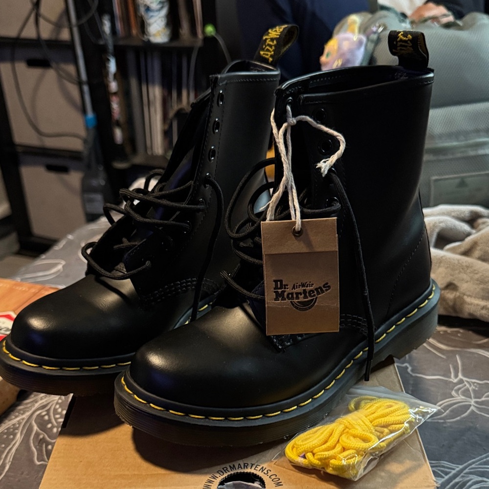 Dr. Martens Black Leather 8-Eye Boots with Yellow Stitching